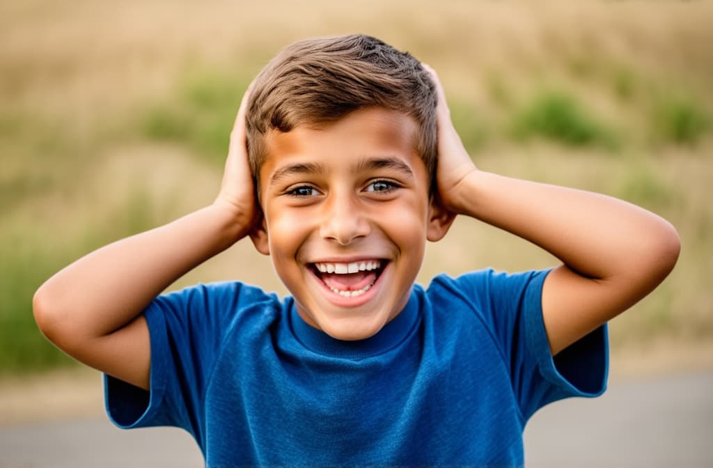  young excited smiling happy boy surprised and holding her head. mindlown expression ar 3:2, (natural skin texture), highly detailed face, depth of field, hyperrealism, soft light, muted colors