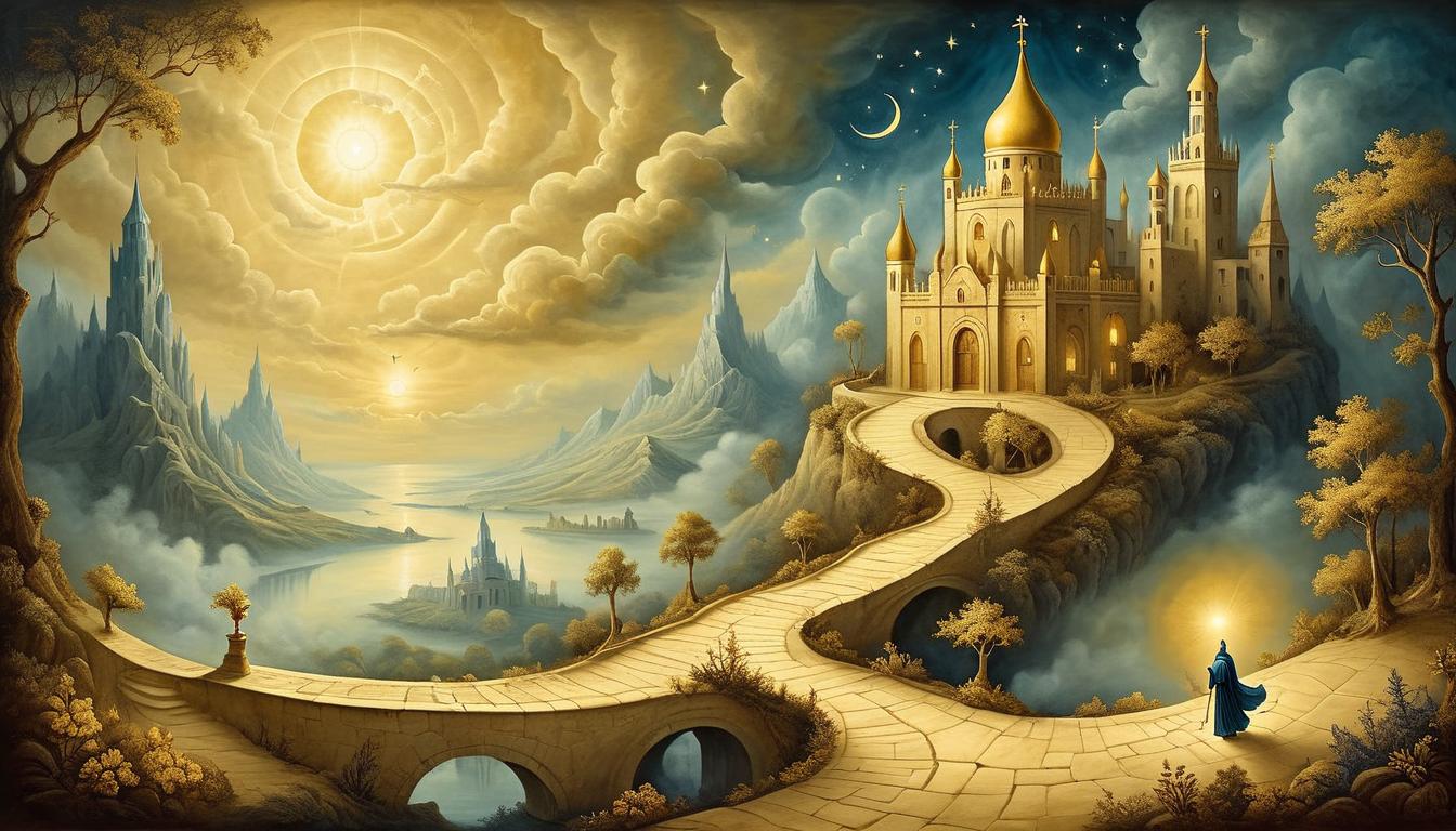  on parchment, surrealism+++, golden path stretching forward, divine light, unhindered, predetermined, destined, smooth journey(mysterious, provocative, symbolic,muted color)+++