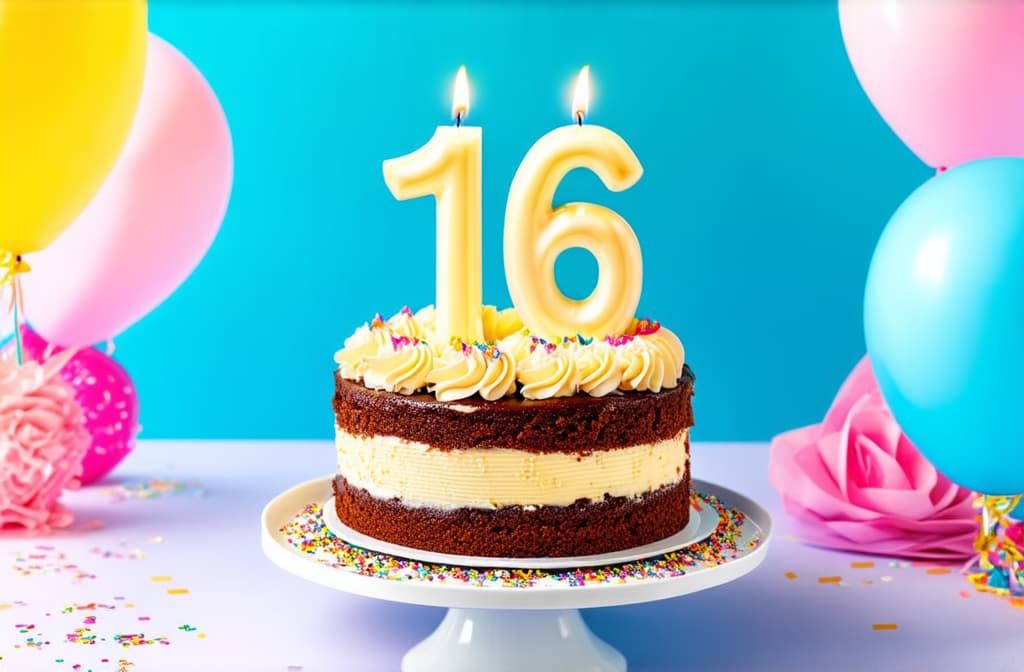  birthday cake with candles in shape of number 16 surrounded by balloons and confetti, pastel colors ar 3:2 {prompt}, maximum details