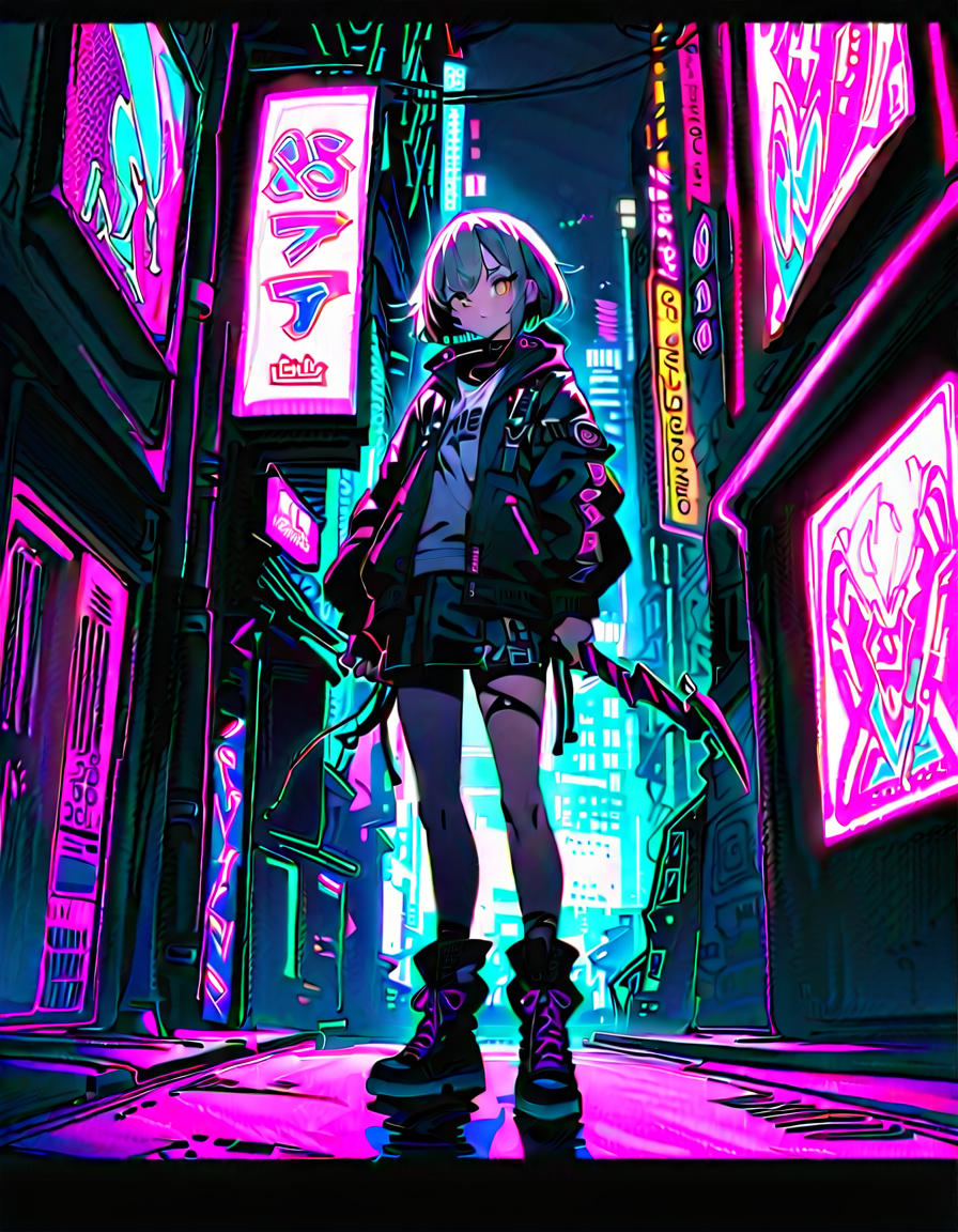  young woman in punk attire, holding a futuristic weapon, standing confidently, bold and determined, break cyberpunk city nightlife, neon lit city street with graffiti, graffitied walls, neon signs, futuristic weapon, punk clothing, break vibrant and chaotic, neon lights, glowing effects, dynamic composition,