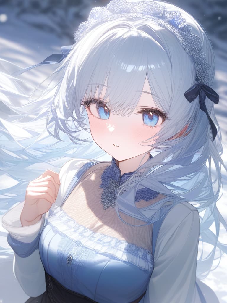  girls, white skin, frills, white hair, long hair, light blue gradation hair color, light blue eyes, headdress, snow, lace, lace, masterpiece, best quality,8k,ultra detailed,high resolution,an extremely delicate and beautiful,hyper detail