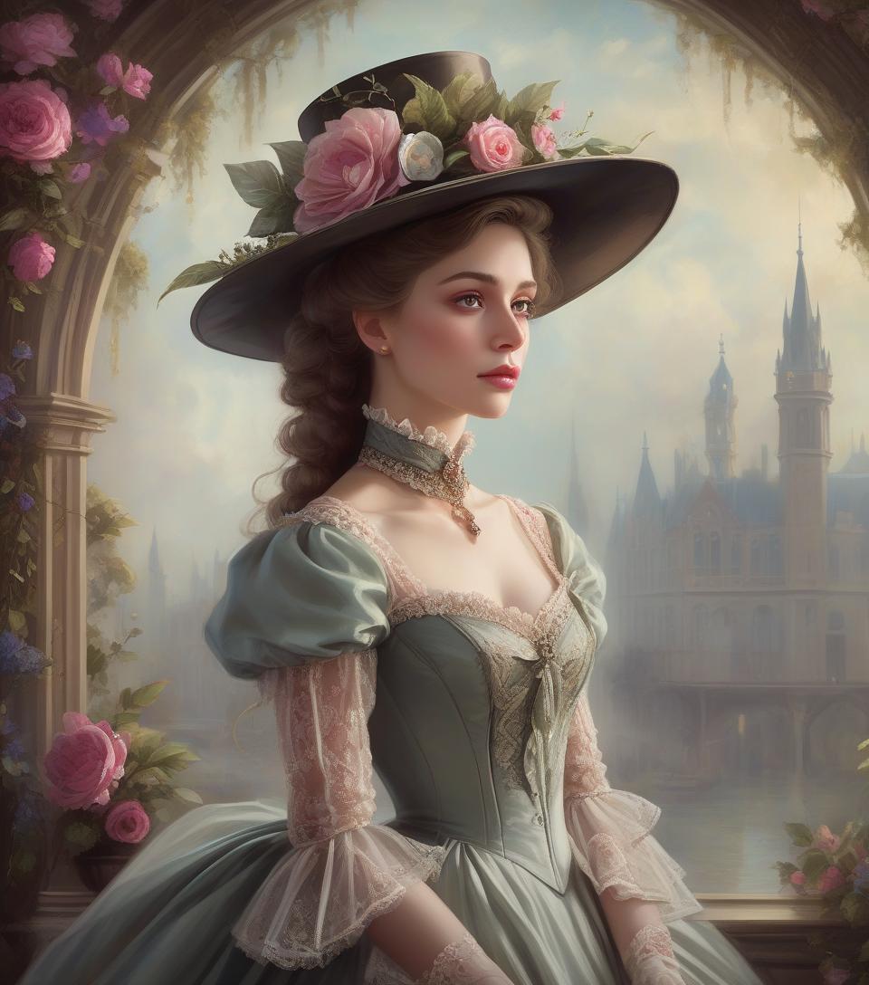  concept art painting of a woman in a dress and hat of the victorian era, in the style of the 1850s, beautiful fantasy painting, romantic painting, fantasy style, elegant oil painting, elegant and exquisite painting, very beautiful fantasy painting, detailed 3d gothic romantic era, painting . digital artwork, illustrative, painterly, matte painting, highly detailed