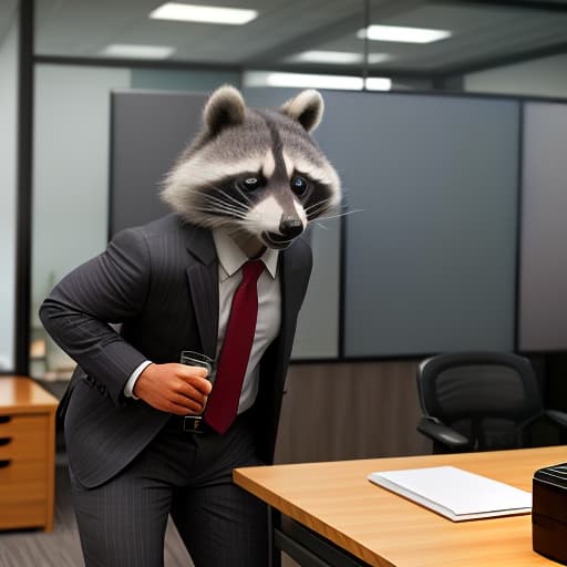  raccoon pumped up muscles in a suit in the office and glass in the background