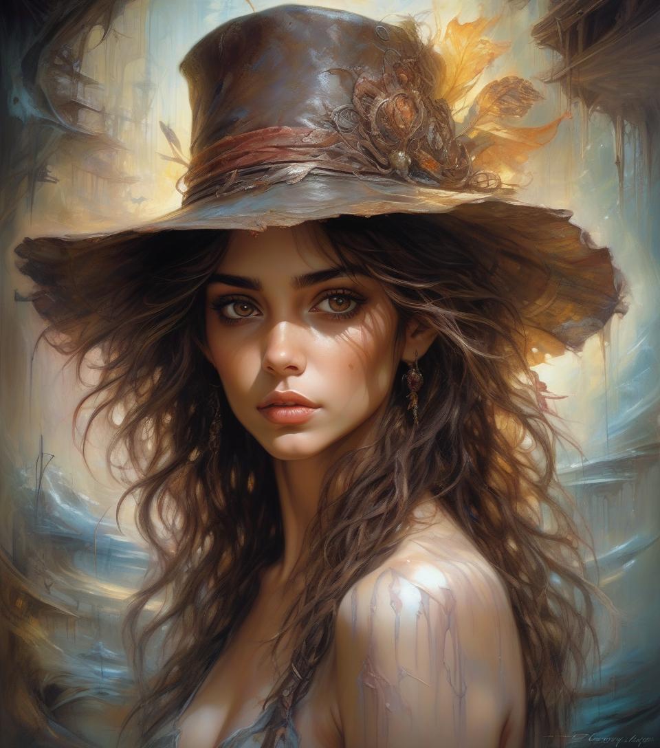  hyper realistic digital painting of beautiful girl, dark brown eyes, mid length messy hair and hat, in a surreal and fantastic setting, combining the artistic styles of jose royo, boris vallejo, julie bell, carne griffiths, and brian froud, precise anatomy, with a centered symmetrical composition, volumetric lighting, rays, vivid colors reflects