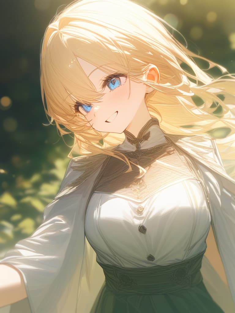  blond, blue eyes, smiling, white clothes, background is green, masterpiece, best quality,8k,ultra detailed,high resolution,an extremely delicate and beautiful,hyper detail