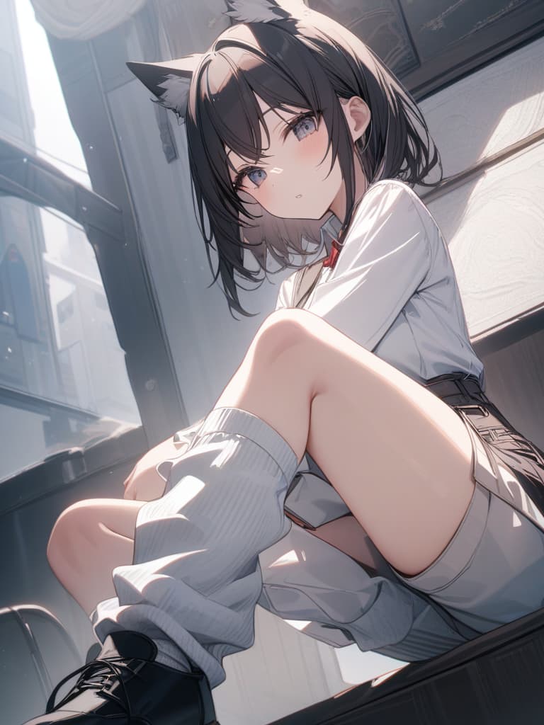  girls, loose socks, plain clothes, wolf ears, medium hair, black shoes, whole, masterpiece, best quality,8k,ultra detailed,high resolution,an extremely delicate and beautiful,hyper detail