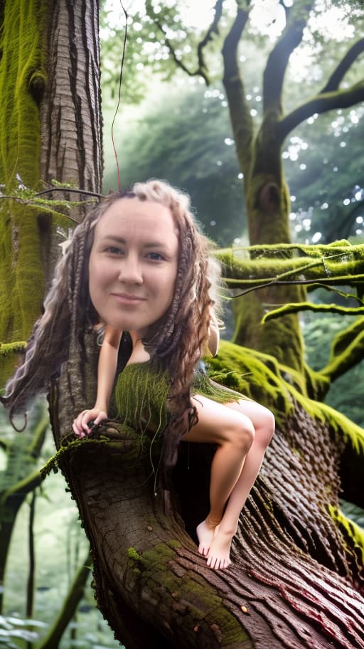  a forest nymph sits on a huge tree