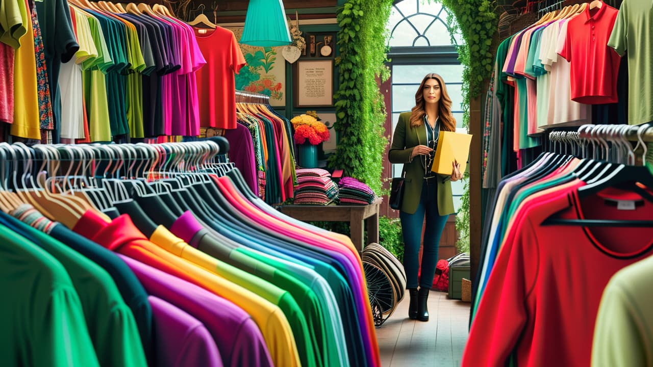  a vibrant market scene showcasing stalls filled with colorful upcycled clothing, artisans sewing, and shoppers examining unique garments, surrounded by greenery and recycling symbols, creating a lively atmosphere of sustainable fashion. hyperrealistic, full body, detailed clothing, highly detailed, cinematic lighting, stunningly beautiful, intricate, sharp focus, f/1. 8, 85mm, (centered image composition), (professionally color graded), ((bright soft diffused light)), volumetric fog, trending on instagram, trending on tumblr, HDR 4K, 8K