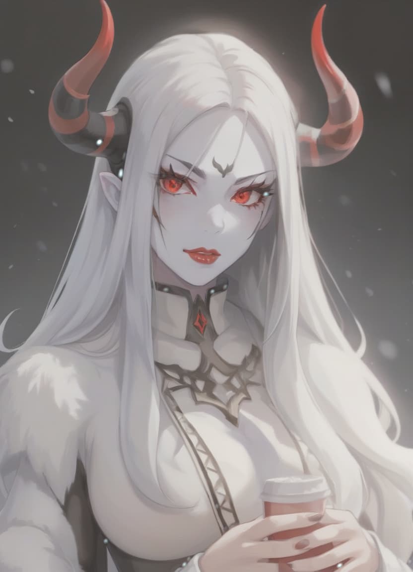  demon woman, red horns, red eyes, black long hair, winter clothes, sticker