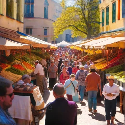  a detailed scene of a bustling city market, filled with vibrant colors and diverse crowds. stalls overflowing with fresh fruits and vegetables, artisans showcasing handmade crafts, and people interacting joyfully. sunlight filters through the canopies, creating a warm, inviting atmosphere. street performers entertain the audience, while delicious aromas waft through the air, hinting at a variety of international foods. the background features a historic building, adding charm to the lively environment.