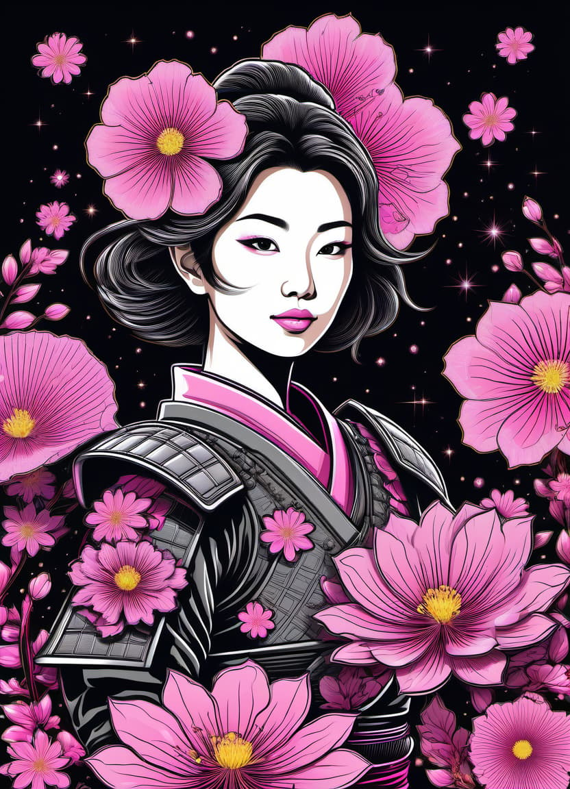  a humorous illustration. bright colors, cartoon style. on the black background, shiny contours outlines of silhouette of a japanese samurai girl in samurai armor, made of japanese sacura flower, (pink color japanese sacura flower:1.4), frame with intricate thin ornamentation from comet, stars and cosmic dust: (thin: 1,4) lines ,