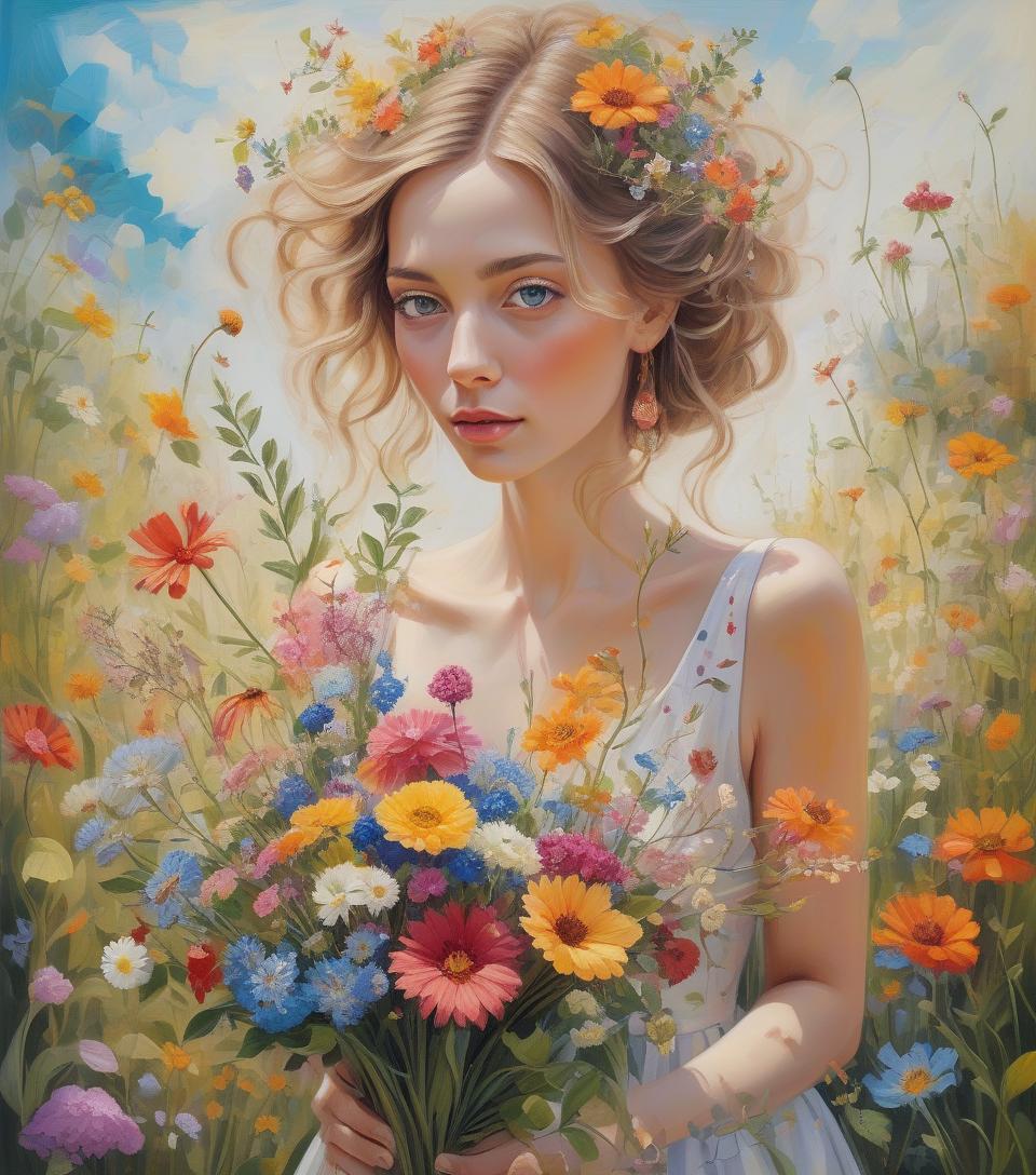  surrealist art garden wonders, beautiful woman holding a bouquet of wild flowers to her face, detailed summer garden background, wearing a summer dress, perfect face, delicate face, vivid colors, happiness, oil painting, expressive brushwork, highly detailed, delicate details . dreamlike, mysterious, provocative, symbolic, intricate, detailed