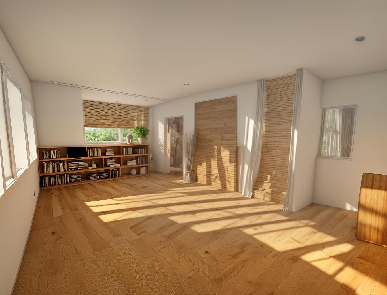  create a photorealistic rendering of a living room with a wooden floor, featuring a modern sofa placed near a large window. the room should feel cozy and inviting, with natural light streaming in from the window onto the warm wooden flooring.