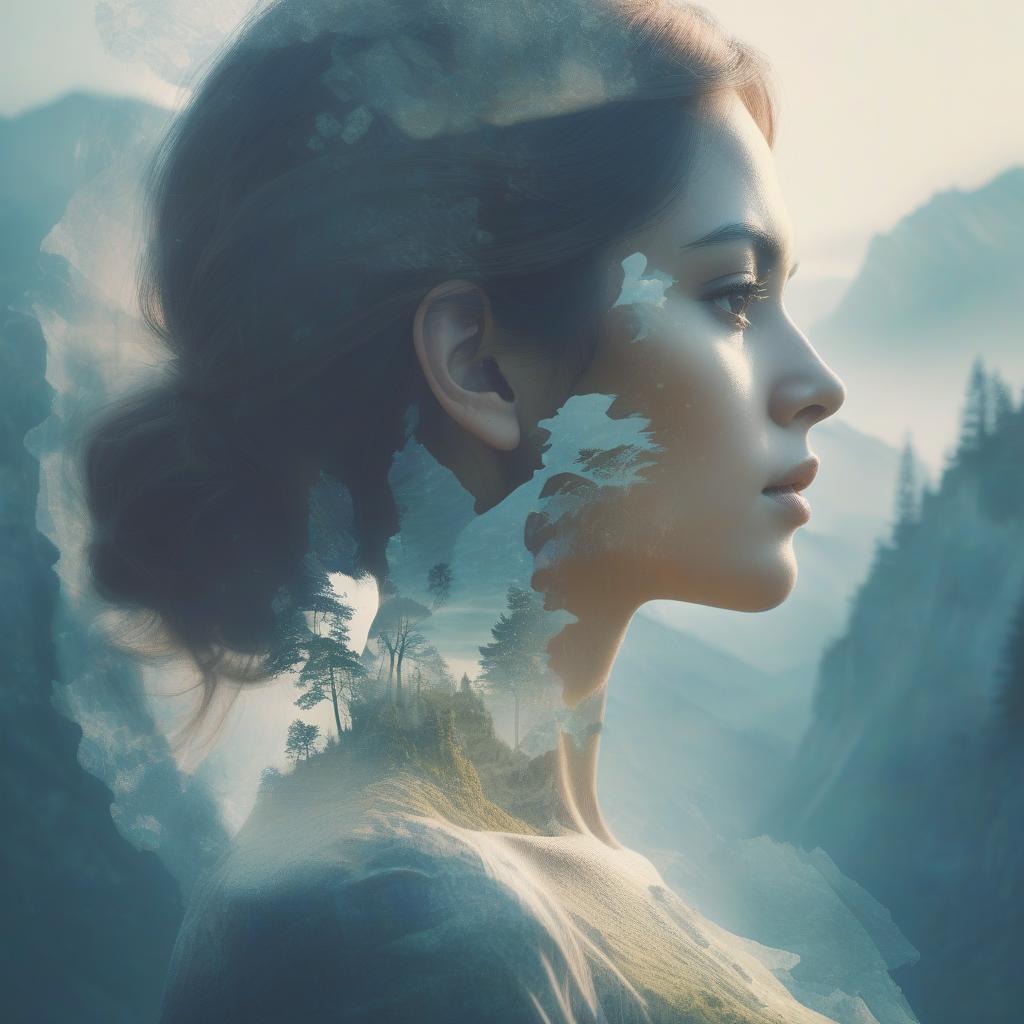  double exposure double exposure portrait beautiful side profile face with double exposed background fantasy environment epic surroundings idillic setting calm ai art