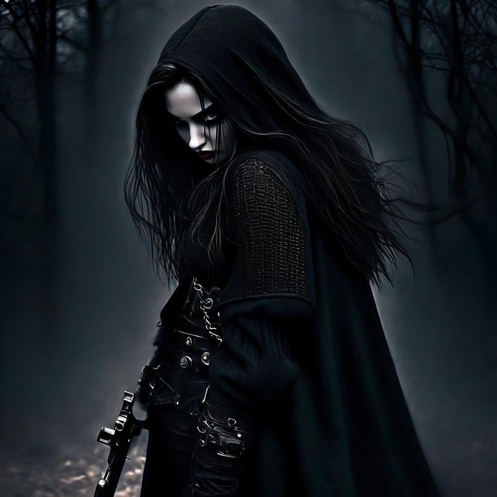  macabre style a female thief with long hair behind her back, with a wick gun in her hand, full length. . dark, gothic, grim, haunting, highly detailed, perfecteyes, perfect hands