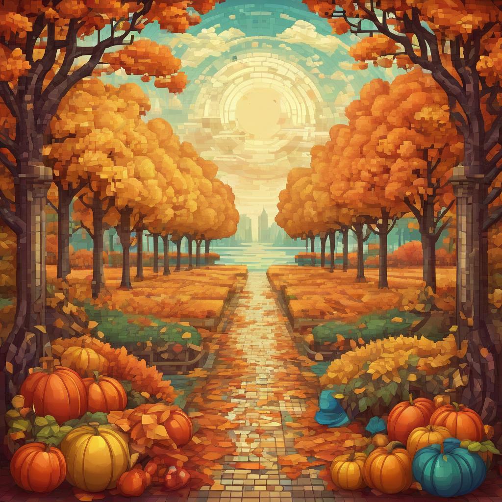  retro game art mosaic autumn in the art nouveau style . 16 bit, vibrant colors, pixelated, nostalgic, charming, fun