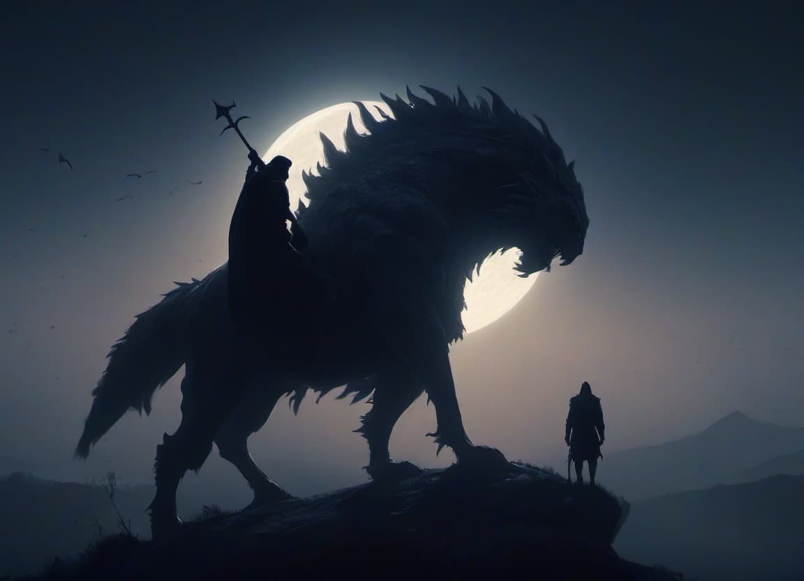  concept art the silhouette of the hero behind which a huge creature from the middle ages in the full moon . digital artwork, illustrative, painterly, matte painting, highly detailed, hkmagic