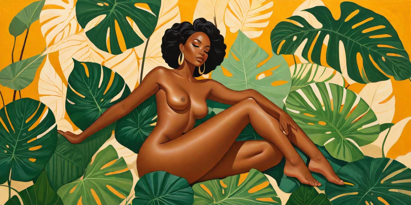  minimalism, painting of a beautiful black woman. she lays, surrounded by elephant ear leaves. naked. she has brown legs. she has brown feet. she is in a divine pose., abstract, simple geometic shapes, hard edges, sleek contours, minimalism