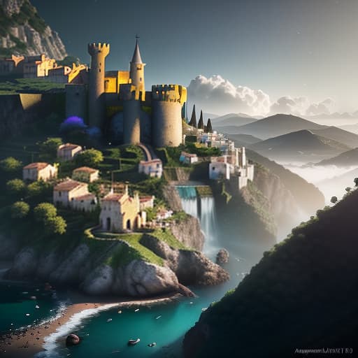  A beautiful village, situated in the midst of lemon groves that seem to have no end or limit, is a large village with pretty fairytale cottages. The bright and sunny fairytale village is located near a very picturesque sea, and a beautiful fairytale castle with watchtowers is on a nearby hill., birds in the sky, waterfall close shot 35 mm, realism, octane render, 8 k, exploration, cinematic, trending on artstation, 35 mm camera, unreal engine, hyper detailed, photo realistic maximum detail, volumetric light, moody cinematic epic concept art, realistic matte painting, hyper photorealistic, epic, trending on artstation, movie concept art, cinematic composition, ultra detailed, realistic hyperrealistic, full body, detailed clothing, highly detailed, cinematic lighting, stunningly beautiful, intricate, sharp focus, f/1. 8, 85mm, (centered image composition), (professionally color graded), ((bright soft diffused light)), volumetric fog, trending on instagram, trending on tumblr, HDR 4K, 8K
