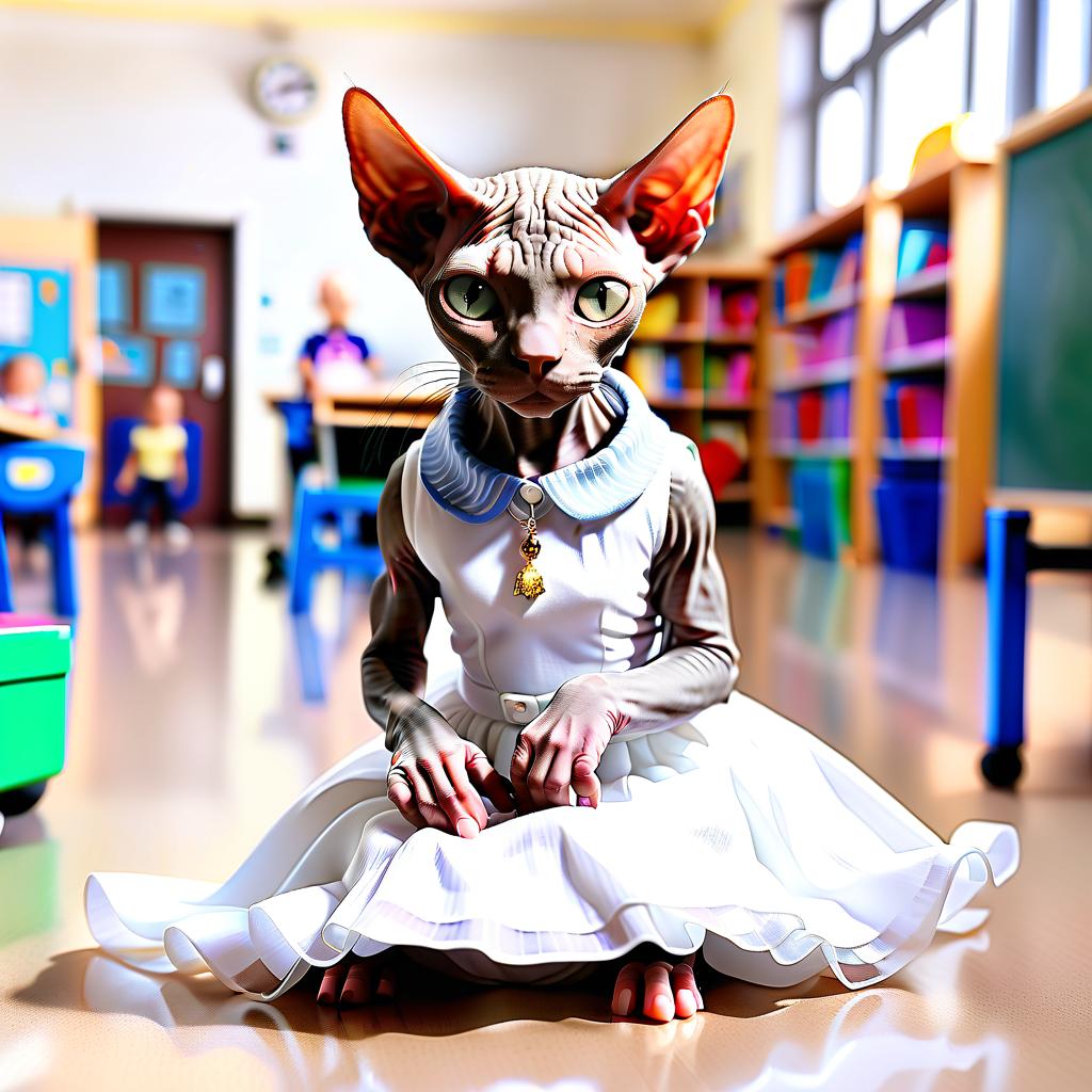  the bald sphinx cat in a white dress came to school