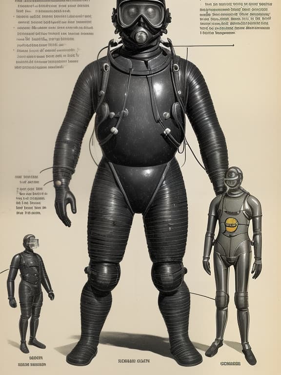  a man in a huge, old underwater diving suit, full length, in a helmet, stands straight, arms shoulder width apart. image diagram.