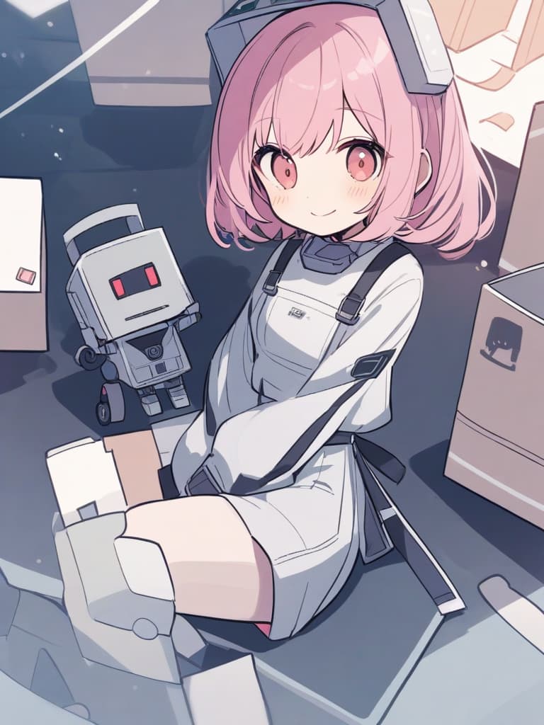  square box type tin bot, square box type robot, girl, square girl, box robot girl, pink hair short hair, cute smile, cute neck robot, core box shaped boot robot, overall body ,,,