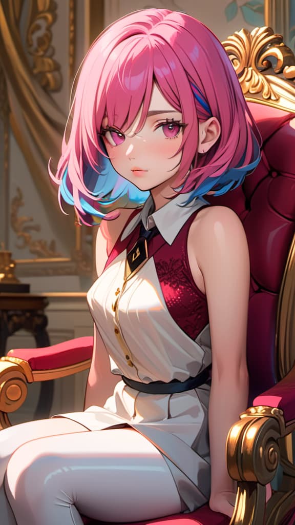  1girl Sitting on a chair,pink hair,(masterpiece, top quality, best quality, art, beautiful and aesthetic:1.2), (1girl), extreme detailed,(art:1.3),colorful,highest detailed,