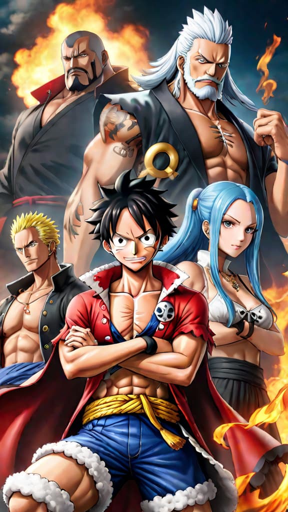  anime art: five elders from one piece, mysterious and powerful figures in the world government. hyperrealistic, full body, detailed clothing, highly detailed, cinematic lighting, stunningly beautiful, intricate, sharp focus, f/1. 8, 85mm, (centered image composition), (professionally color graded), ((bright soft diffused light)), volumetric fog, trending on instagram, trending on tumblr, HDR 4K, 8K