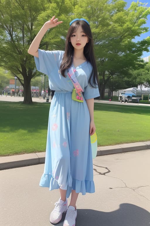  a full body shot of a korean girl with long hair and colorful clips, enjoying a sunny day at a park, playfully tossing a frisbee, advertising photo,high quality, good proportion, masterpiece , the image is captured with an 8k camera