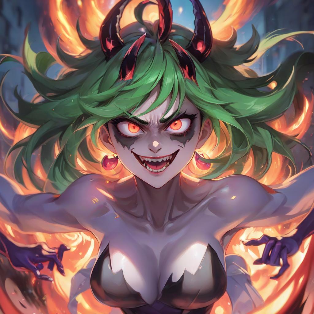  medium shot, demonic face with glowing eyes, rossdraws global illumination, evil eye expression, anime 2 0 1 9, anime key frame, tatsumaki, pseudonym, author zhou zichang, epic comic art, joker portrait, angry gorgeous woman, evil madness laughter, colorful fire, glowing