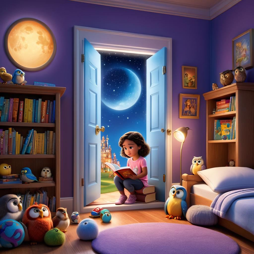  in 3d animated movie style. disney pixar style. lila, 5, surrounded by toys, reads a bedtime story to them, meeting ollie, a talking owl, looking for his lost moonbeam. cozy bedroom, bookshelf with magical glowing door to starry world. high res pixar 3d style, detailed rendering, soft glowing lights, warm atmosphere, night sky visible through the door. bird's eye view of lila reading to toys, focusing on the magical door and ollie's arrival.