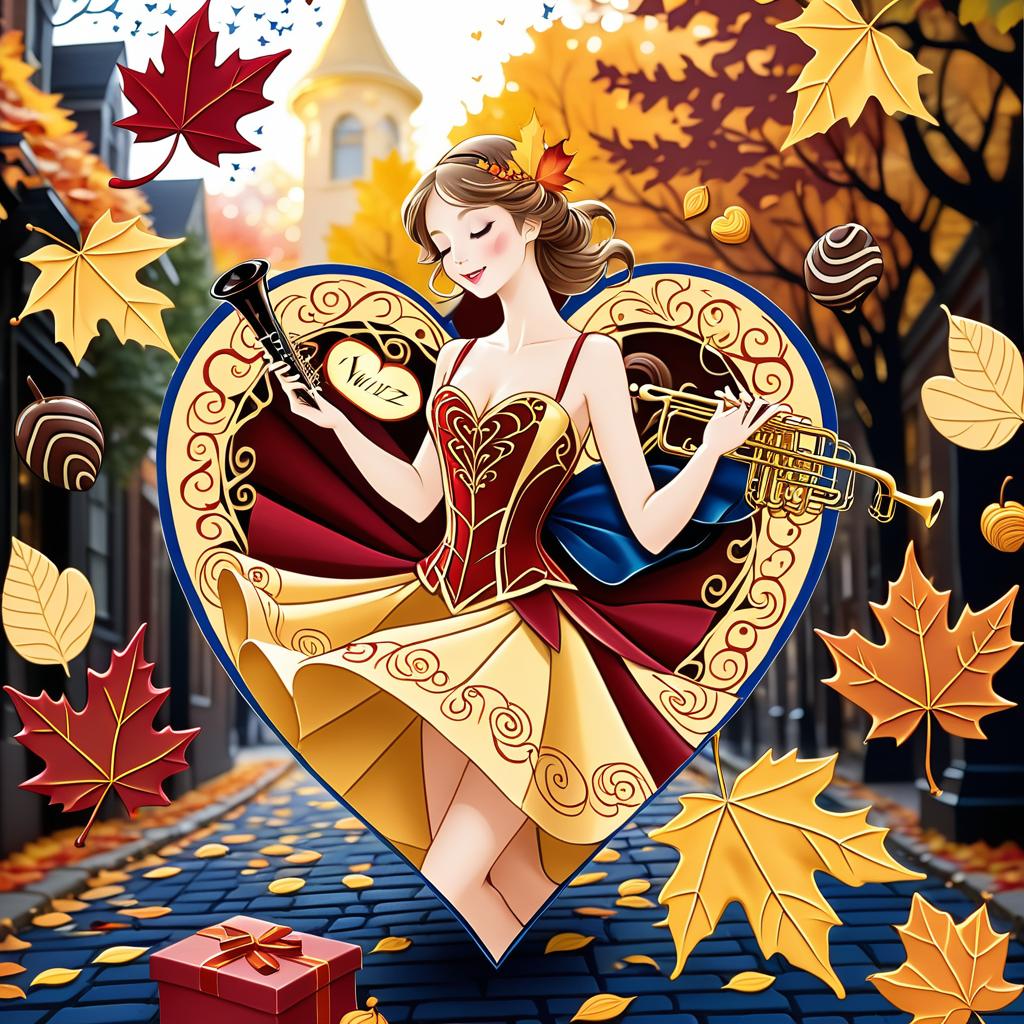  fairy tale on a carpet of yellow leaves in a simple dress of wind given crepe autumn danced a waltz boston in an alleyway. the warm day flew away and the saxophone sang hoarsely. (background of the card): falling autumn leaves, a whirlwind of autumn leaves, wind saxophone, ((a box of chocolates, the inscription "autumn waltz")) , a greeting card. (heart), a beautiful figure made of contours in the shape of a heart. (heart colour): night sky background, stars, gold pattern. (style):fantasy, autumn art, autumn romance. (colours):gold, green gold, navy blue, red, red gold, brown gold, silver, golden blue, bluish blue, dark blue on gold . magical, fantastical, enchanting, storybook style, highly detailed