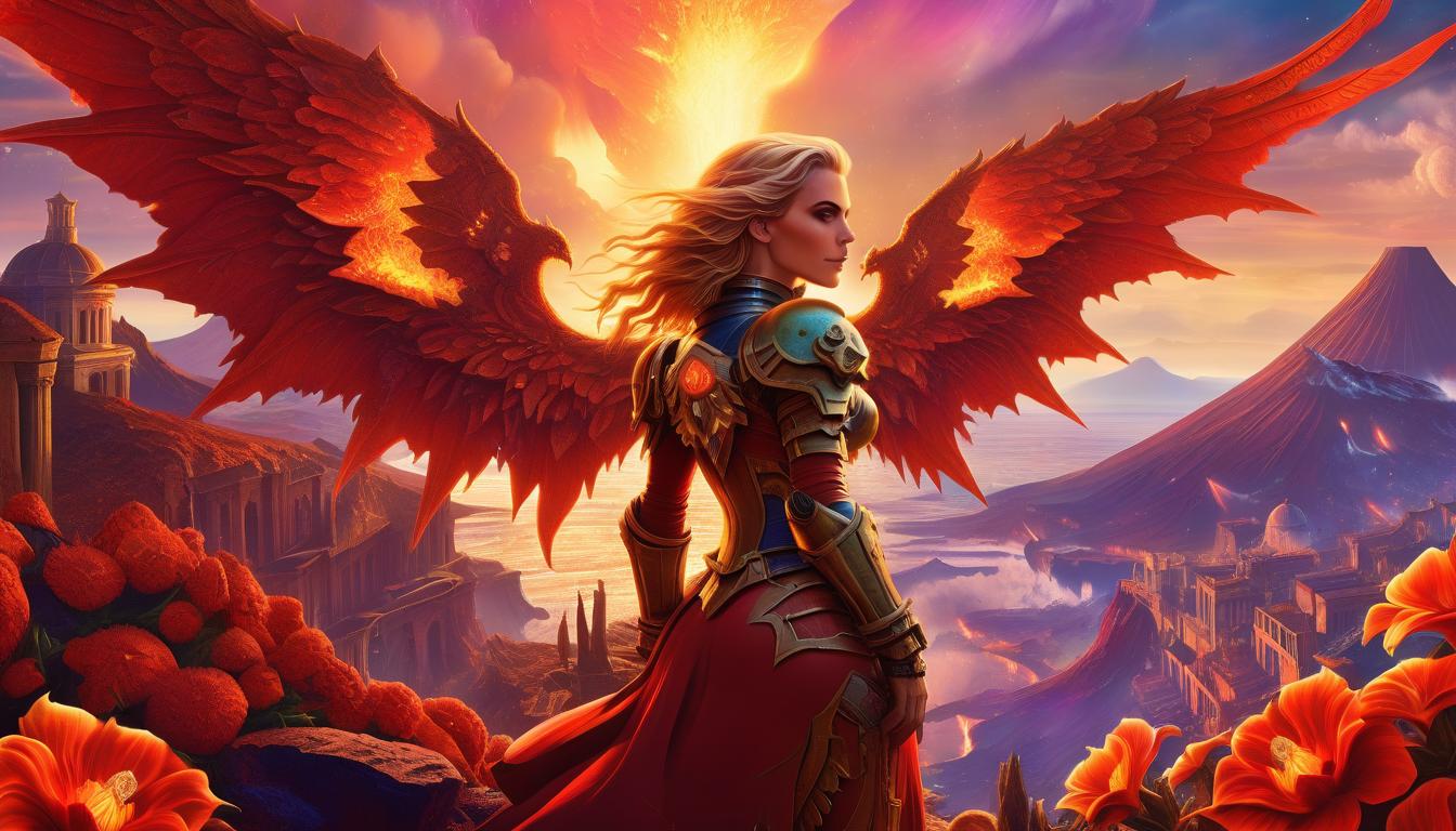  concept art (digital image, double exposure, masterpiece:1.3). (a beautiful girl in the image of a spacemarrine from warhammer 40k, magnificent wings behind her back, expressive beautiful eyes, a look at the viewer:1.6). red ((fiery rivers of lava)), small rounded houses with pointed roofs. (background: eruption of vesuvius:1.4). a fascinating sight, (flowers from the flames:1.4), bright accents. revival. (in the style of josephine wall:1.5). high detail, realistic fantasy, 1024k resolution, hdr. . digital artwork, illustrative, painterly, matte painting, highly detailed, glowneon, hkmagic