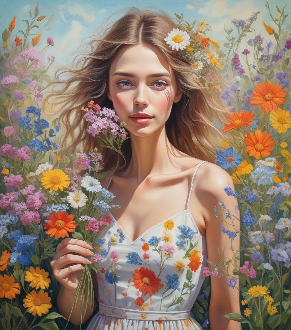  surrealist art garden wonders, beautiful woman holding a bouquet of wild flowers to her face, detailed summer garden background, wearing a summer dress, perfect face, delicate face, vivid colors, happiness, oil painting, expressive brushwork, highly detailed, delicate details . dreamlike, mysterious, provocative, symbolic, intricate, detailed