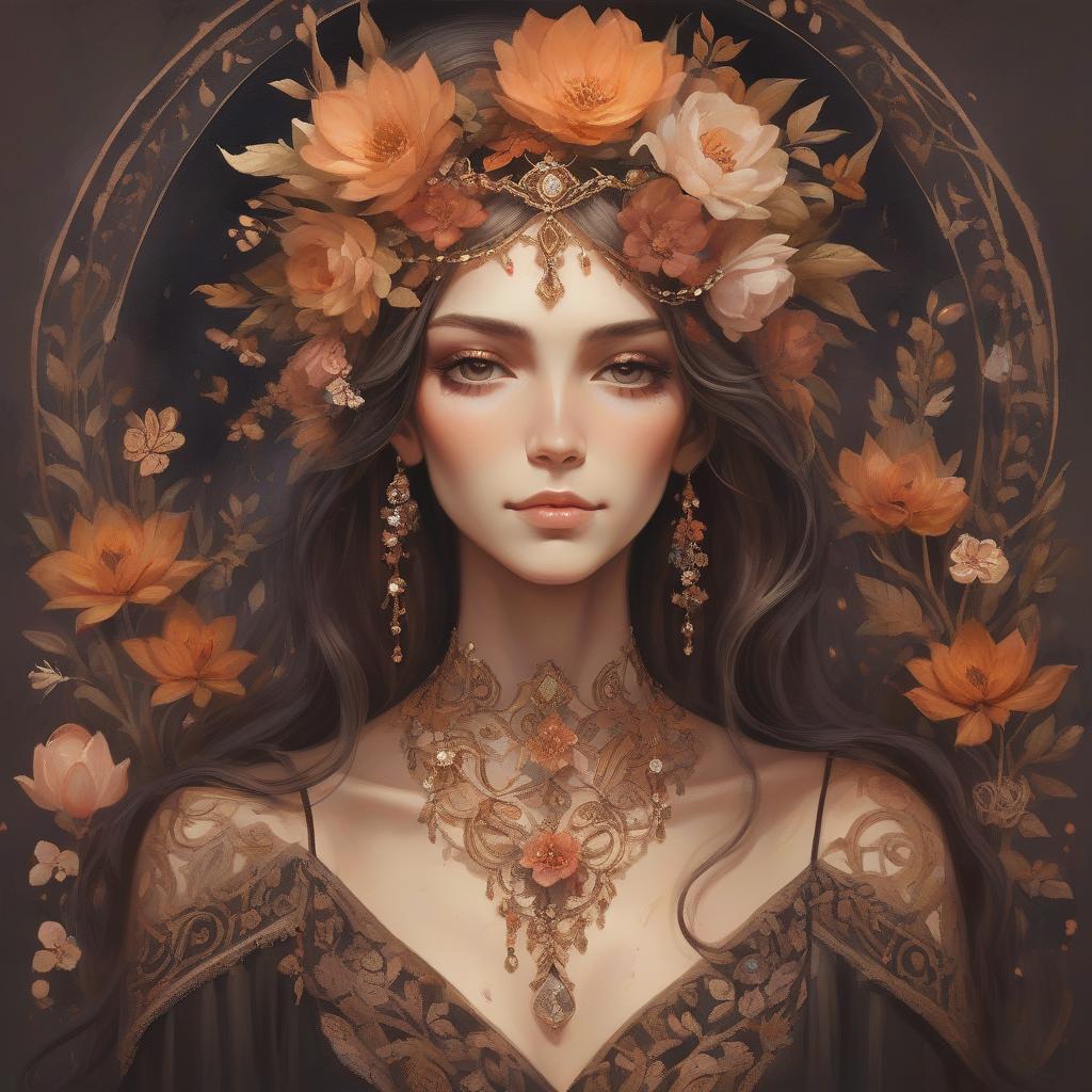  a painting of a woman with a floral crown and intricate jewelry, featuring warm tones and a fantasy style. dark fantasy