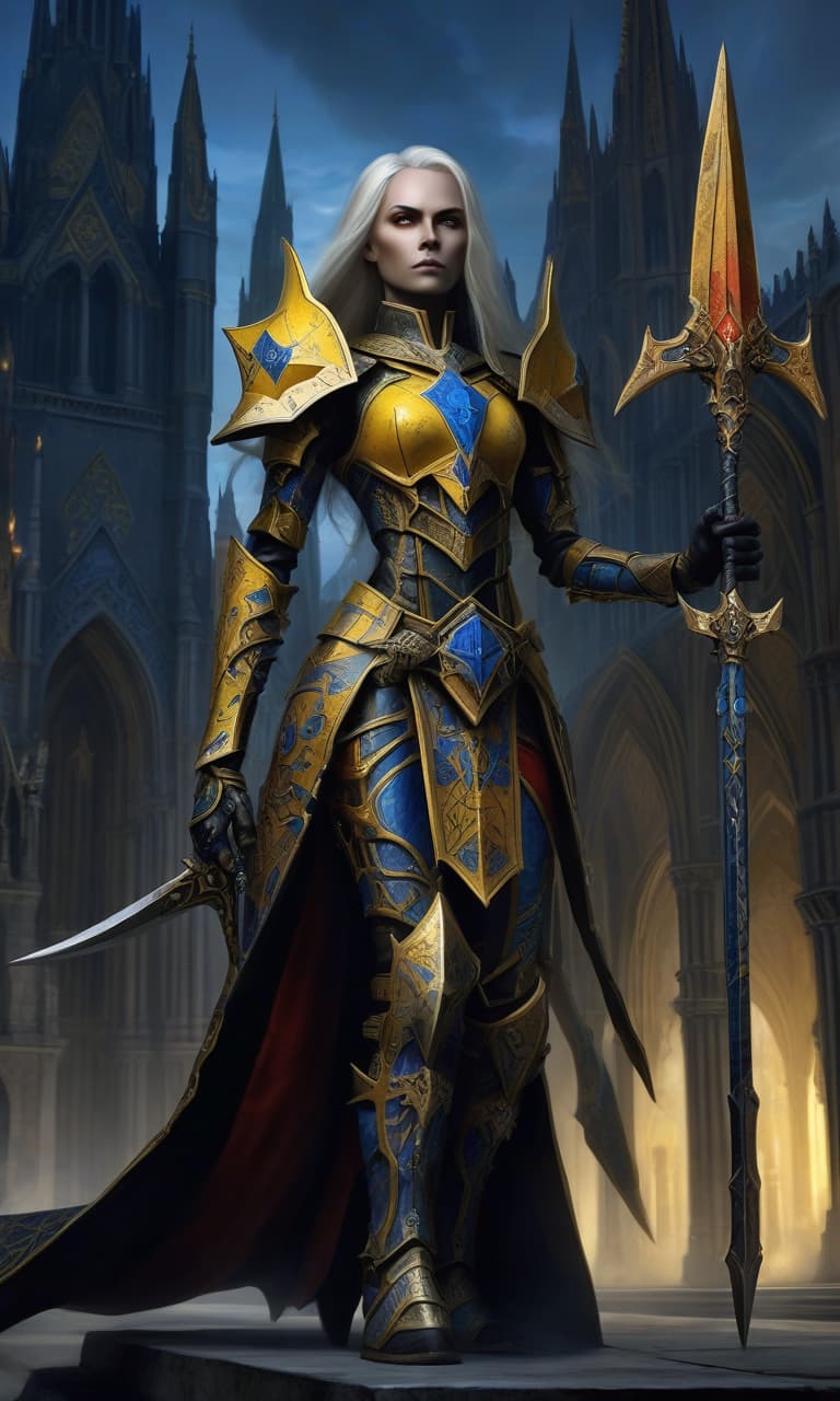  a warhammer 40000 eldar farseer female character in bone armor stands confidently with a halberd in hand. the armor features black and yellow, with intricate patterns, red gemstones, runes glowing blue. the character has a determined expression, long hair, and pointed elven ears the background is a catholic cathedral at dusk.