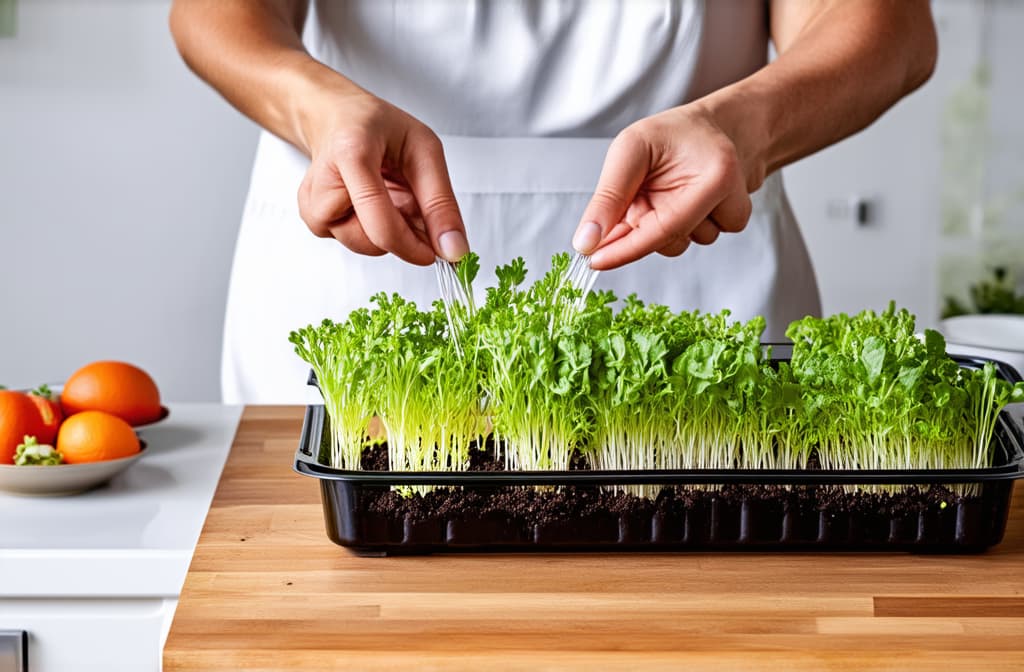  professional detailed photography, woman seeding microgreens in plastic box, (correct hands, five fingers) white modern kitchen ar 3:2, (muted colors, dim colors, soothing tones), (vsco:0.3)