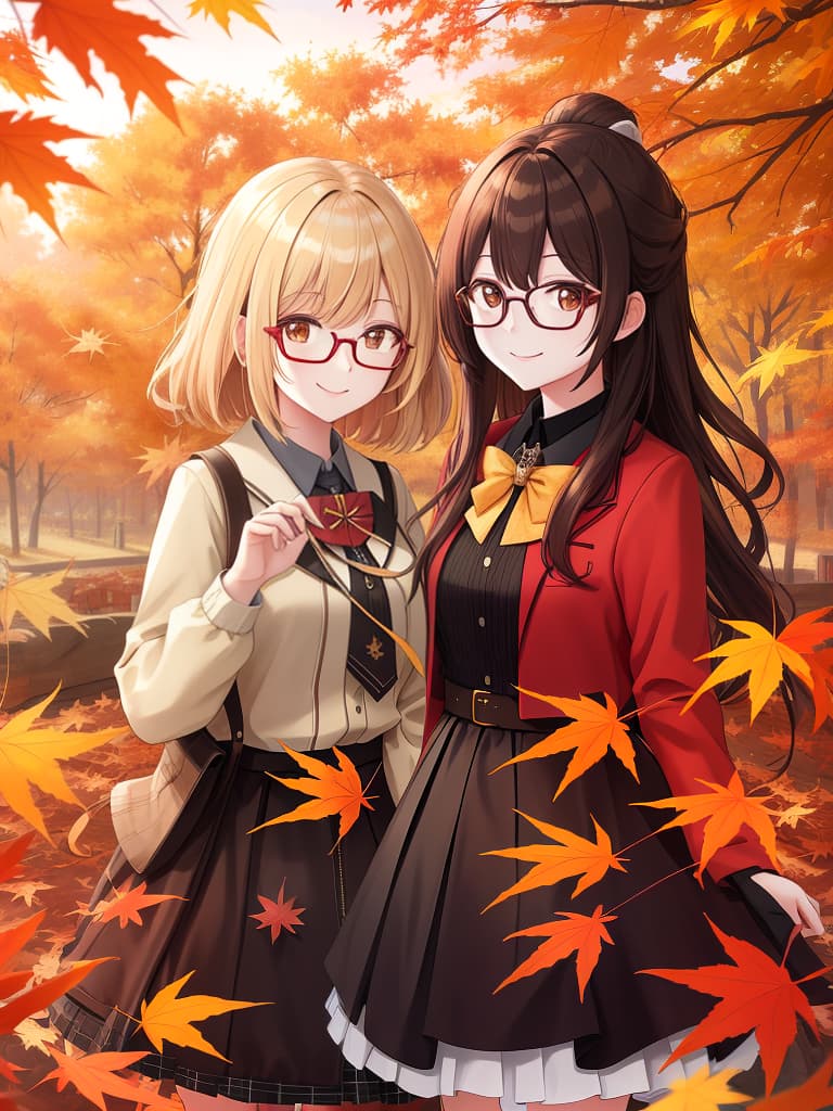  autumn, maple, glasses girls, smiles, masterpiece, best quality,8k,ultra detailed,high resolution,an extremely delicate and beautiful,hyper detail