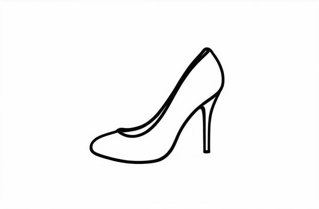  contour, very simple image in one unbroken black ink line, single line of elegant women shoe with high heels, engraving illustration, icon isolated on white background ar 3:2 using a single continuous black line ink brushon white background, drawing should be created without lifting the pen, recognizable features of elegant women shoe with high heels, engraving illustration, icon isolated on white background ar 3:2 in one unbroken line