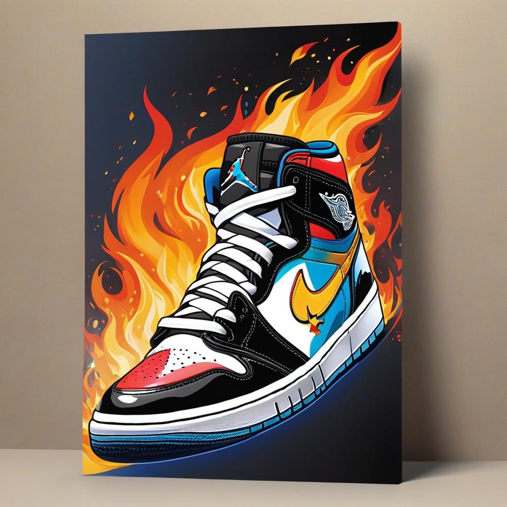  retro jordan sneaker. under the sneaker a wavy banner with the name gagnon in it. a large jumpman logo behind the sneaker on fire, award winning, professional, highly detailed, masterpiece