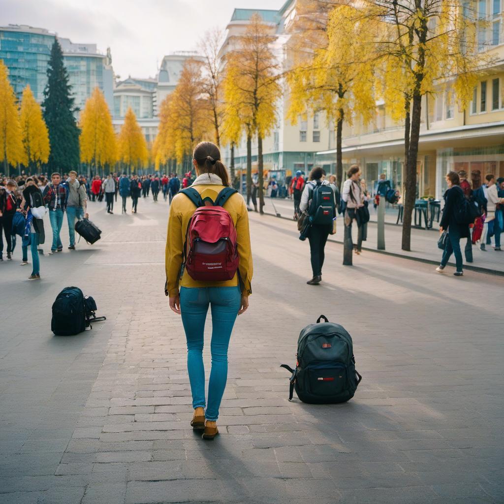  cinematic photo knowledge day. russian students, college, books, backpack, september, autumn, smiles, sochi city, business clothes, warm weather . 35mm photograph, film, bokeh, professional, 4k, highly detailed, film photography style hyperrealistic, full body, detailed clothing, highly detailed, cinematic lighting, stunningly beautiful, intricate, sharp focus, f/1. 8, 85mm, (centered image composition), (professionally color graded), ((bright soft diffused light)), volumetric fog, trending on instagram, trending on tumblr, HDR 4K, 8K