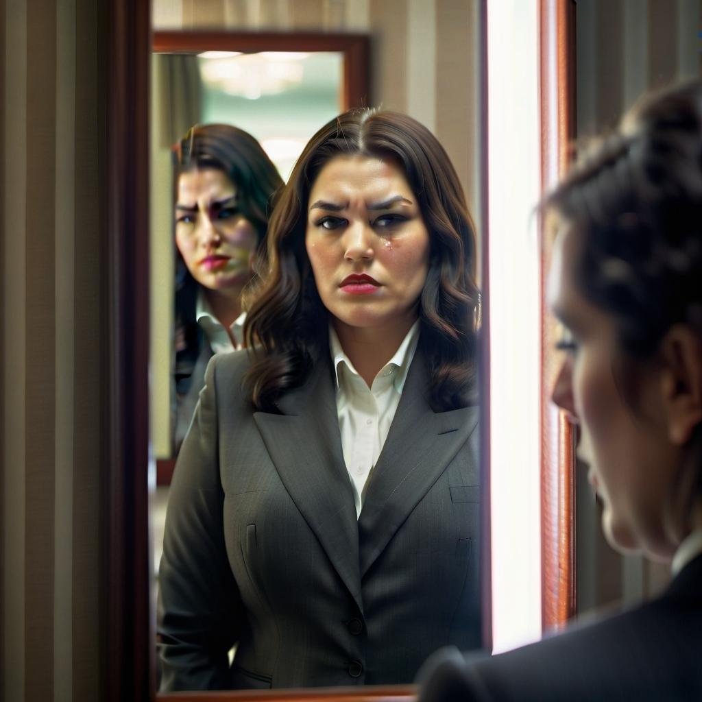  cinematic film still a large, dark haired woman in a suit looks in the mirror. but in the reflection he sees his worst copy. . shallow depth of field, vignette, highly detailed, high budget, bokeh, cinemascope, moody, epic, gorgeous, film grain, grainy, film photography style