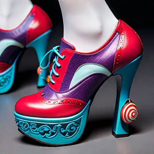  Create a photorealistic digital illustration of a whimsical design women’s shoe with balanced parts, ornate soles, 8 centimetre height heel with rubber sole and covered in soft, luxurious textured materials. The art style should blend elements of Irregular Choice, Tim Burton and Osamu Tezuka hyperrealistic, full body, detailed clothing, highly detailed, cinematic lighting, stunningly beautiful, intricate, sharp focus, f/1. 8, 85mm, (centered image composition), (professionally color graded), ((bright soft diffused light)), volumetric fog, trending on instagram, trending on tumblr, HDR 4K, 8K