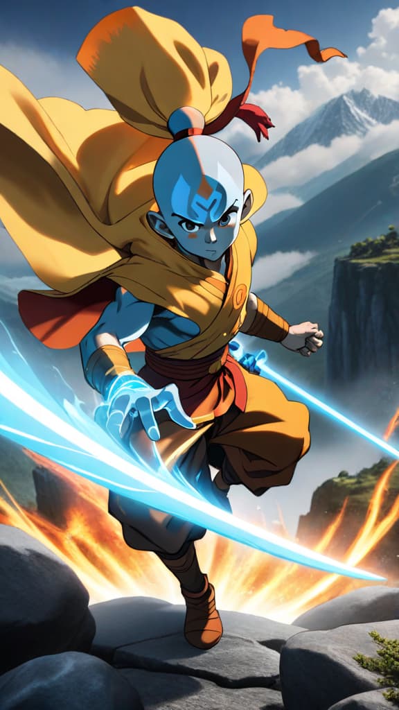  create an anime image of aang struggling with the balance between power and wisdom post victory. hyperrealistic, full body, detailed clothing, highly detailed, cinematic lighting, stunningly beautiful, intricate, sharp focus, f/1. 8, 85mm, (centered image composition), (professionally color graded), ((bright soft diffused light)), volumetric fog, trending on instagram, trending on tumblr, HDR 4K, 8K