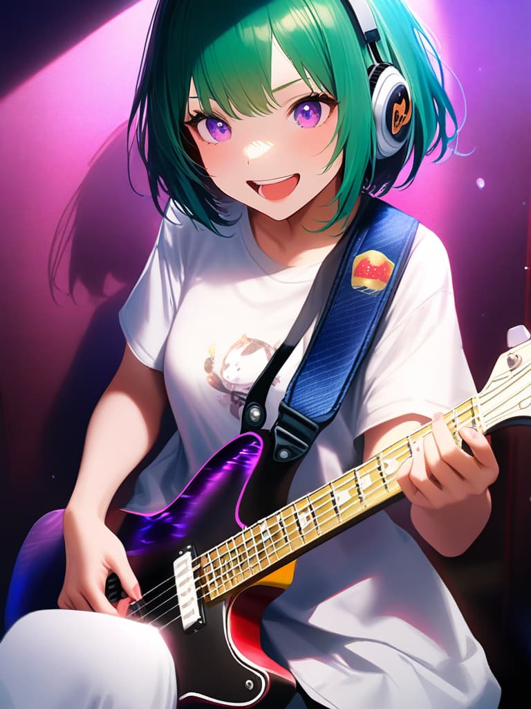  1boy,18yo,(((high school boys))),(((playing with an electric guitar:1.35))),green hair,short hair,purple eyes,headphone,very loud laugh,(((happy pose))),(((metallic focus))),music note effect,realistic