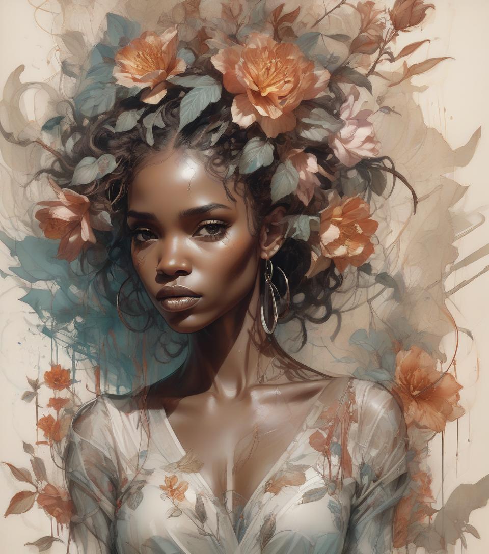  beautiful african woman in a floral background, fine line drawing by harrison fisher and the talent of brian froud, complemented by the abstract depths of jeremy mann, the beauty of carne griffiths' faces, blending the fantastic muscular realism of boris vallejo, layered painting watercolor for striking effect and ultra fine, texture reminiscent of cracked parchment, natural lighting, perfect light natural volumetric cinematic soft, chiaroscuro, award winning photography, maximalist, masterpiece, deep complementary colors, extreme details, beautiful incredibly detailed and complex octane rendering, trending on artstation, dystopian, elemental, ethereal, fanciful, in the style of greg rutkowski