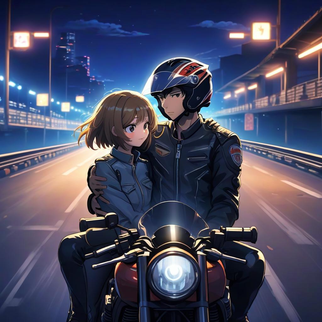  anime artwork at the wheel of the motorcycle sits a guy in a motorcycle helmet, and behind him sits a girl and hugs him, against the background of the night lights of an empty track, a picture in motion, the location of the couple's rice side, not face in the camera, the couple goes forward . anime style, key visual, vibrant, studio anime, highly detailed