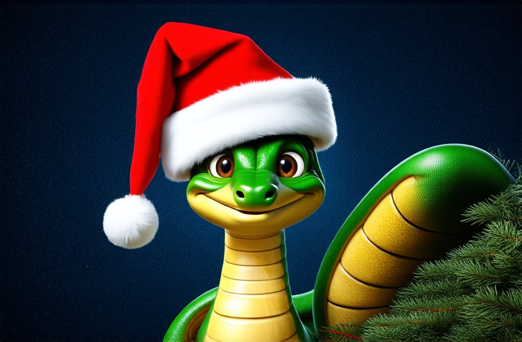  big head, big eyes, caricature, a caricature, rendering, (figurativism:0.8), full body green wooden coiled snake in santa claus hat on new year background ar 3:2, epic realistic, pixar style, disney, (cycles render:1.3), caustics, (glossy:0.58), (artstation:0.2), cute