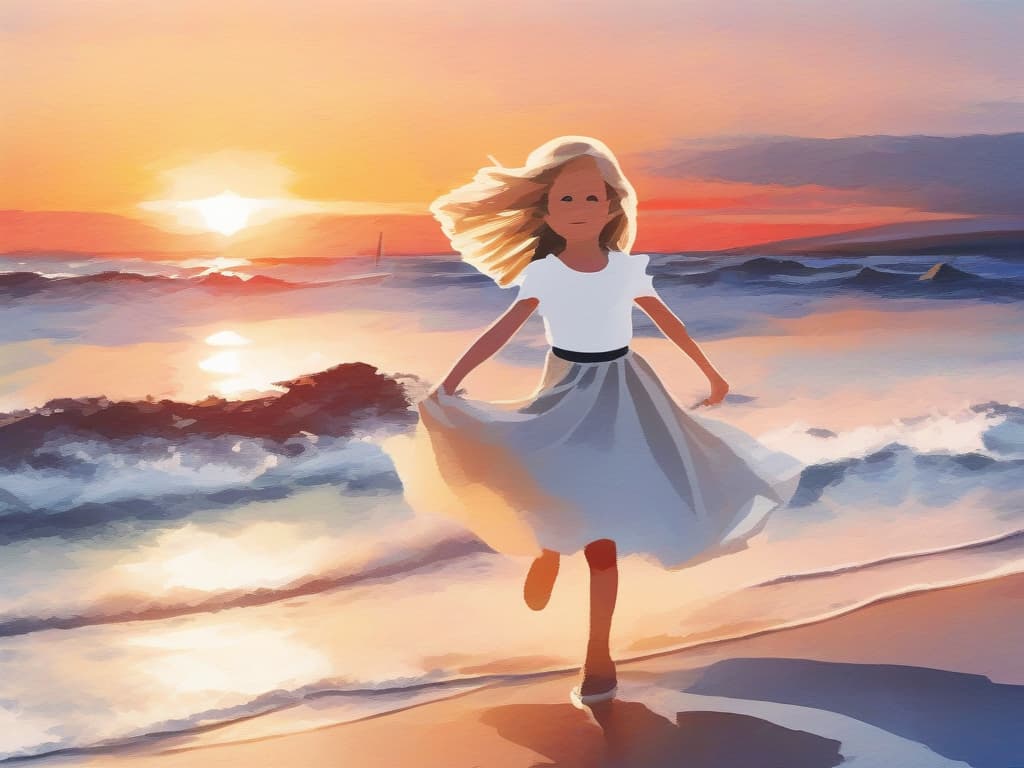  one elementary school student, long hair, white dress, raising hands, front, beach, sunset