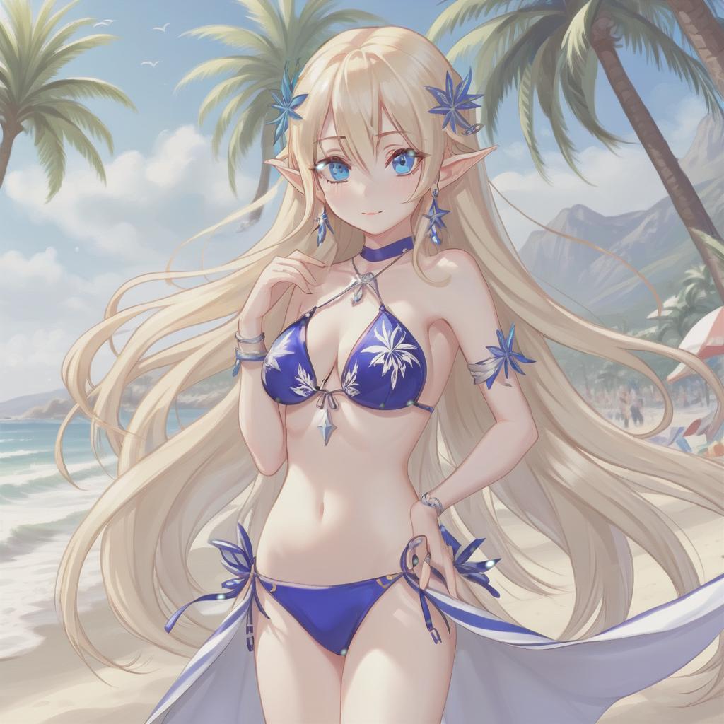  elf girl, blonde long loose hair, deep dark blue eyes, bikinis, small silver earrings, hairpin, beach, palm trees